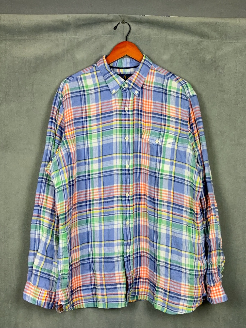 Ralph Lauren Linen Shirt Mens Size XL Plaid Button Down Colorful Preppy